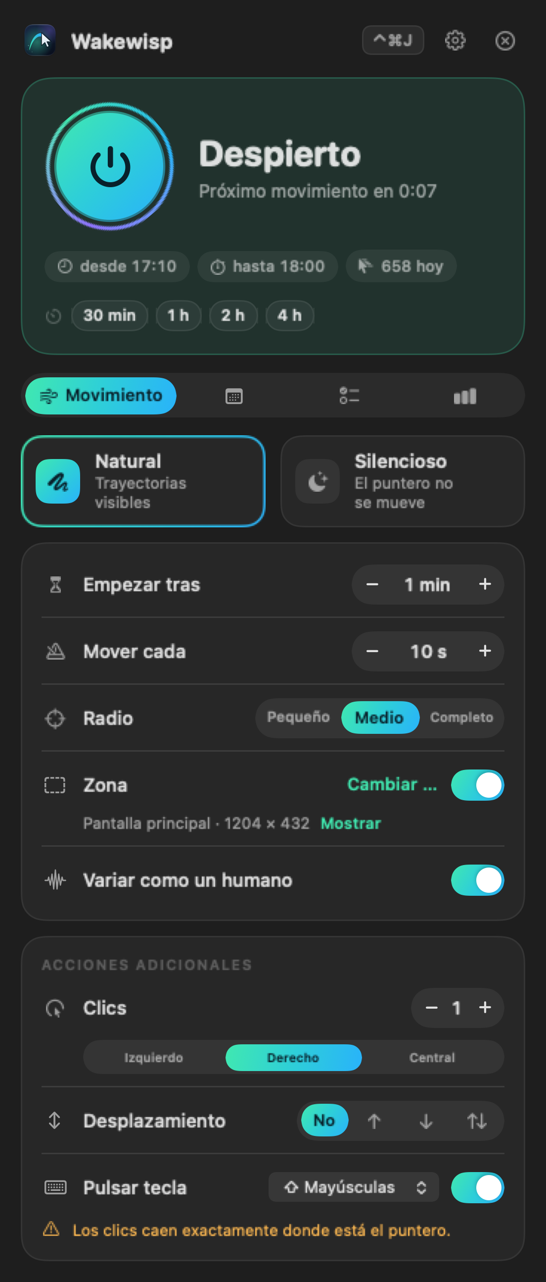 Ventana de Wakewisp en la barra de menús: estado “Despierto”, inicio rápido, estilo de movimiento y ajustes