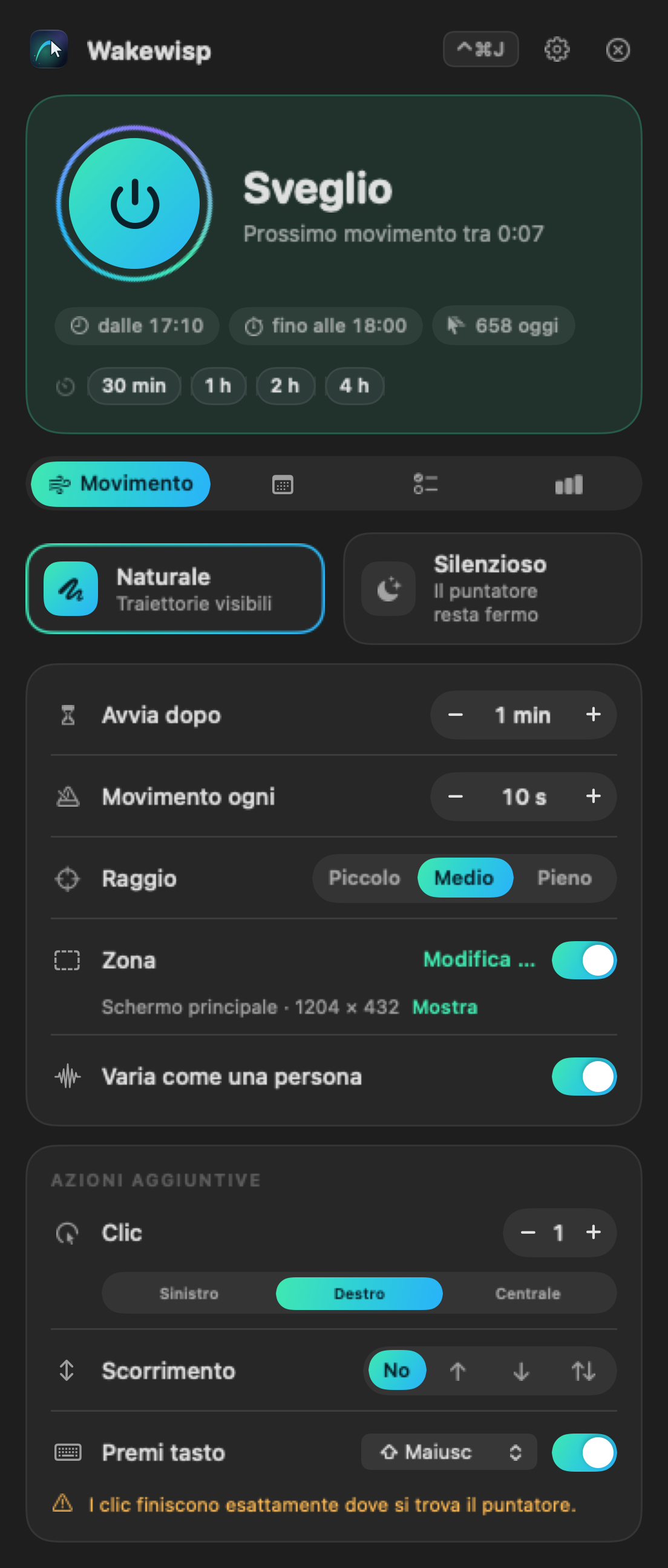 Finestra di Wakewisp nella barra dei menu: stato «Sveglio», avvio rapido, stile di movimento e impostazioni