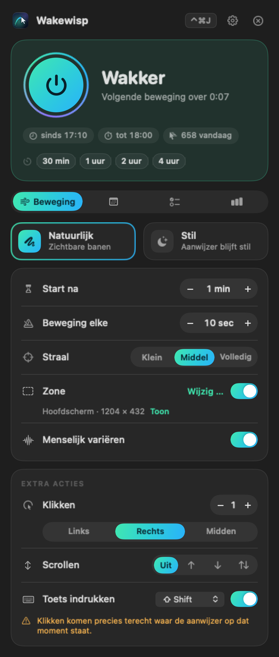 Wakewisp-venster in de menubalk: status ‘Wakker’, snelstart, bewegingsstijl en instellingen